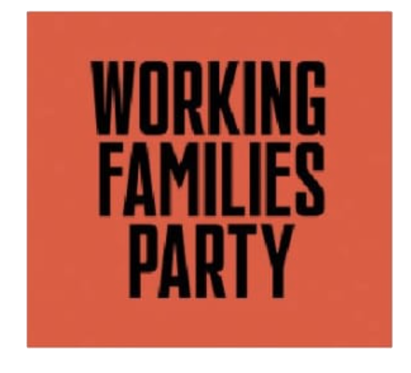 A red square with the words working families party written in black.
