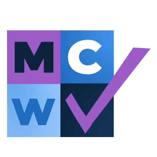 A purple and blue checkered background with the word mcw in it.